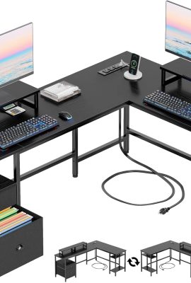 Furologee 66” L Shaped Desk with Power Outlet, Reversible Computer...