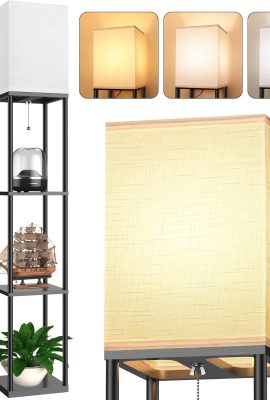 Floor Lamp with Shelves for Living Room, Shelf Floor Lamp with 3 CCT LED Bulb, Corner Display Standing Column Lamp Etagere Organizer Tower Nightstand with White Linen Shade for Bedroom, Office