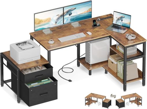 Casaottima L Shaped Desk with Drawers & File Cabinet, 55 Inch Computer Table with Storage Shelves & CPU Stand, Corner Desk with Power Outlets, Reversible L Desk for Home Office, Brown