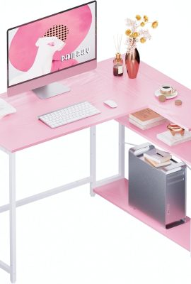 Pamray 43 Inch L Shaped Computer Desk with Reversible Side Storage Shelves, Small Corner Desk for Small Space Home Office,Writing Study Table PC Desk for Bedroom,Pink with White Leg Pamray 43 Inch L Shaped Computer Desk with Reversible Side Storage Shelves, Small Corner Desk for Small Space Home Office,Writing Study Table PC Desk for Bedroom,Pink with White Leg