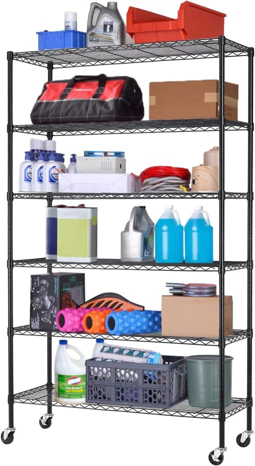 Storage Shelves 2100Lbs Capacity, 6-Shelf on Casters 48″ L×18″ W×72″ H Commercial Wire Shelving Unit Adjustable Layer Metal Rack Strong Steel for Restaurant Garage Pantry Kitchen,Black