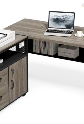LITTLE TREE 55″ Executive Computer Desk and Lateral File Cabinet, L-Shaped Office Desk for Home Office, Furniture Set, Grey