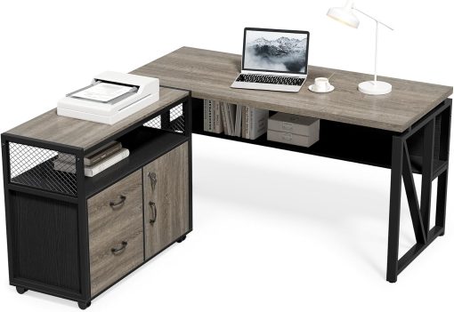 LITTLE TREE 55″ Executive Computer Desk and Lateral File Cabinet, L-Shaped Office Desk for Home Office, Furniture Set, Grey