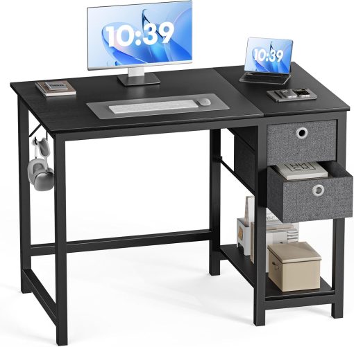 Sweetcrispy Small Computer Desk, 40X24 Inch Office Writing Work Study Gaming PC Table with 2-Tier Drawers Storage Shelf, Side Headphone Hook, Modern Simple Style for Home Bedroom, Black Wood