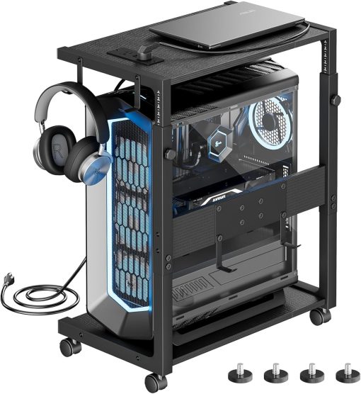 JANE EYRE Computer Tower Stand – Adjustable PC Tower Stand CPU Holder Cart with Charging Station for Office Home Classroom,23.03″-28.3″ H, black