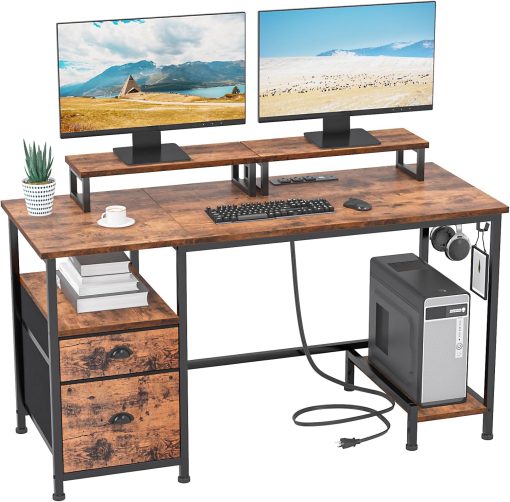 Furologee 47″ Computer Desk with File Cabinet and Power Outlets, Home Office Desk with 2 Monitor Stands and Storage Drawer, Writing Gaming Table with Shelves and 2 Hooks for Bedroom, Rustic Brown
