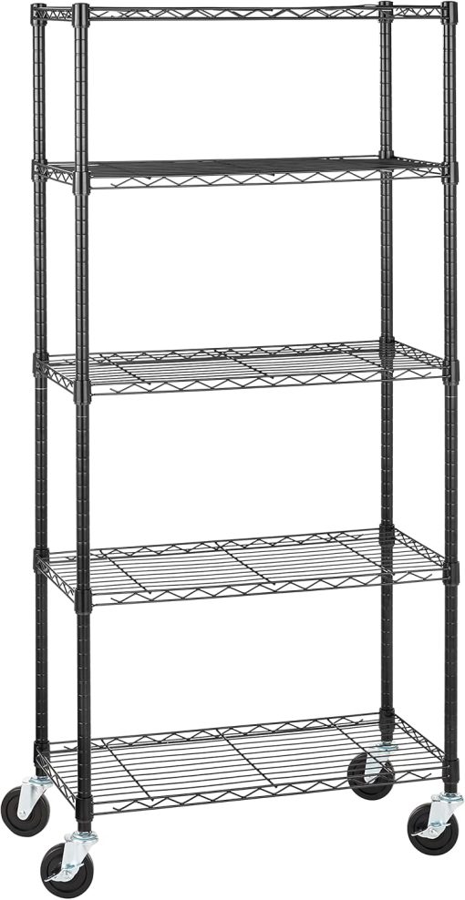 Amazon Basics 5-Shelf Adjustable, Heavy Duty Storage Shelving Unit on 4” Wheel Casters, Metal Organizer Wire Rack, 30″ L x 14″ W x 64.75″ H, Black