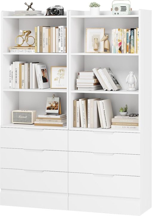 DICTAC Bookcase Set of 2 with 3 Drawers 73.23” White Bookshelf Storage Cabinets with Shelves and Drawers Kitchen Pantry with Microwave Stand,Storage Organizer for Living Room,Office,Study, Bathroom