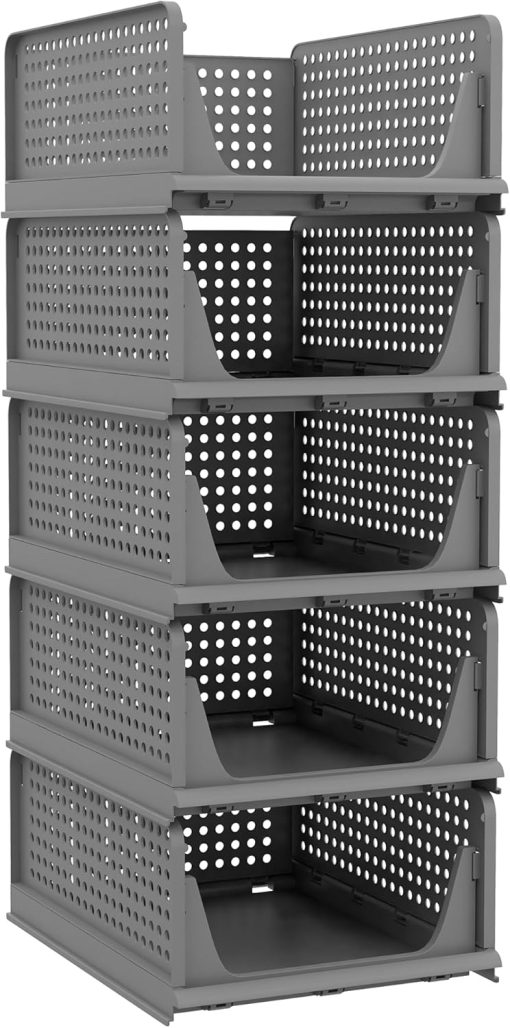 Pinkpum 5 Pack Folding Closet Organizers – Stackable Plastic Drawer Basket for Clothing, Shelf Storage Container for Closet, Wardrobe, Bedroom, Bathroom, Office (Black)
