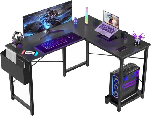 Sweetcrispy L Shaped Desk – Computer Desk Corner Desks Gaming Desk PC Table with CPU Stand Side Bag for Home Office Dorm Sturdy Writing Workstation, Black, 50-Inch
