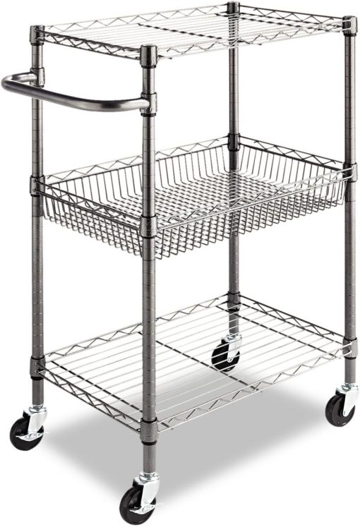 Alera Three-Tier Wire Rolling Cart, 28w x 16d x 39h, Black Anthracite
