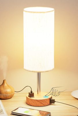 Bedside Table Lamp for Bedroom – 3 Way Dimmable Touch Lamp USB C Charging Ports and AC Outlet, Small Lamp Wood Base Round Flaxen Fabric Shade for Living Room, Desk, LED Bulb Included