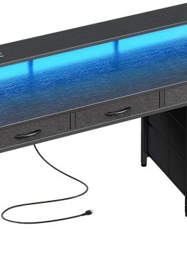 Huuger Gaming Desk with 6 Drawers, Computer Desk with LED Lights Power...