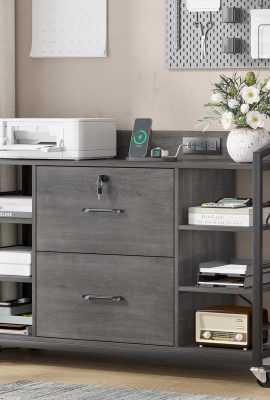 SEDETA 44″ File Cabinet, Filing Cabinet fits Legal/Letter Size, 2 Drawer File Cabinets for Home Office with Lock, Power Strip, 6 Storage Shelves, Grey