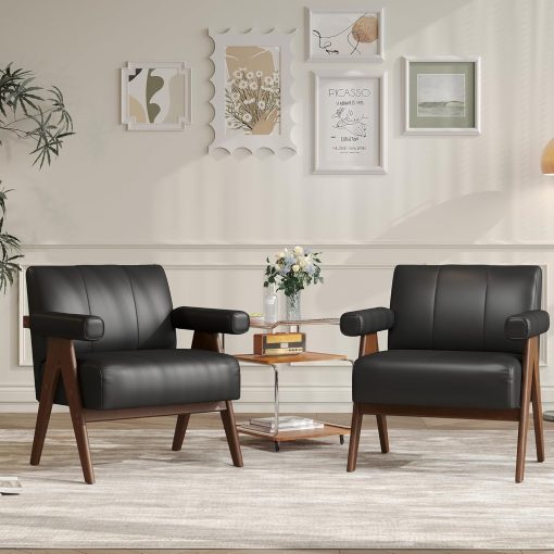 JIASTING Mid Century Modern Accent Chair Set of 2, Black Leather Office Reading Accent Chairs, Small Comfy Side Arm Chairs for Living Room Bedroom, Wood Arms (2, Black)