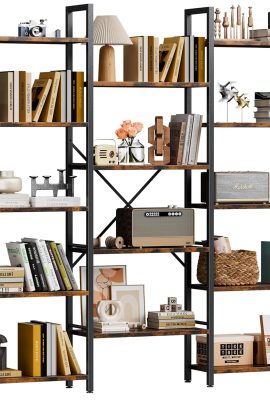 Shintenchi Triple 5 Tier Bookshelf, Industrial Large Bookcase with 14 Open Display Shelves, Large Etagere Bookshelf,Wide Book Shelf Book Case for Home & Office, Rustic Brown