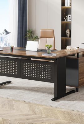 Tribesigns 63 Inch Executive Desk with File Cabinet, Large Office Desk L Shaped Computer Desk with Drawers and Storage Shelves, Business Furniture Desk Workstation for Home Office, Brown and Black