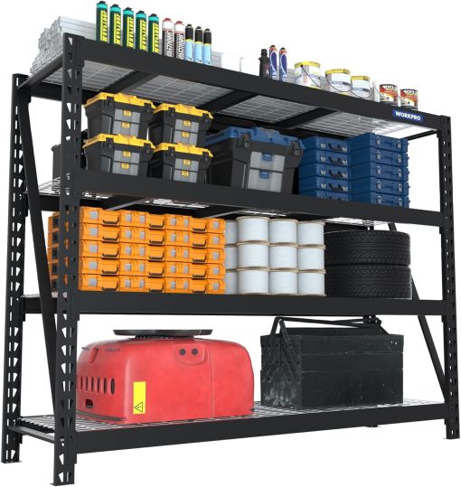 WORKPRO 68″ Ultra Wide 4-Tier Metal Garage Shelving Unit, 68″W x 24″D x 65″H, 7200 LBS Capacity, Heavy Duty Storage Utility Rack, Industrial Adjustable Shelves for Shop Warehouse Basement Fish Tank