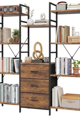 Triple Bookshelf with 3 Fabric Drawers, 4-Tier Book Shelf and 10 Display...