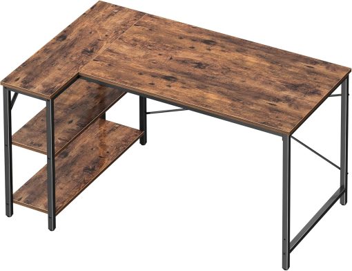 Huuger 47 Inches L Shaped Desk, Computer Desk with Reversible Storage Shelves, for Gaming Corner Home Office Writing Study, Metal Frame, Rustic Brown
