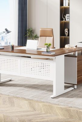 Tribesigns 63 Inch Executive Desk with File Cabinet, L Shaped Office Desk with Drawers and Storage Shelves, Business Furniture Set Workstation for Home Office, White and Walnut