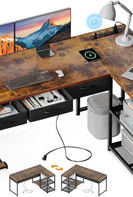 AODK 53 Inch L Shaped Computer Desk with Drawers, Corner Desk with Power Outlets & Reversible Storage Shelves, Movable CPU Stand for Home Office Gaming, Vintage AODK 53 Inch L Shaped Computer Desk with Drawers, Corner Desk with Power Outlets & Reversible Storage Shelves, Movable CPU Stand for Home Office Gaming, Vintage