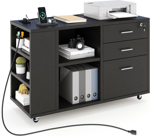 YITAHOME File Cabinet with Charging Station, Mobile Lateral Filing Cabinet with Lock for Home Office, Printer Stand with Open Storage Shelf, Fits A4, Letter, Legal Size Files, Office Furniture, Black