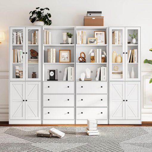 71″ Tall Bookshelves Set of 4, 2 Bookcases with Drawers & 2 Bookshelves with Doors, White Floor Standing Display Storage Shelves for Home Office, Living Room