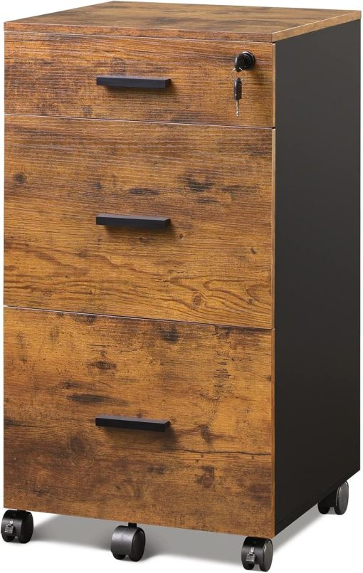 DEVAISE 3 Drawer Rolling File Cabinet with Lock, Wood Filing Cabinet fits Letter / A4 Size for Home Office, Rustic Brown