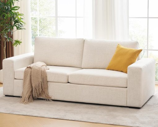 ELUCHANG 85″ Modern Sofa Couches for Living Room, 3 Seater Sofa, Natural Linen Deep Seat Sofa with Upholstered Cushion&Detachable Cover, Comfy Sofa Couch for Small Space, Apartment, Cream