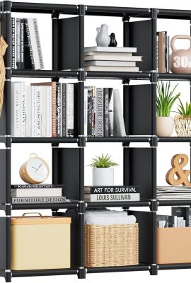 Mavivegue Book Shelf, 12 Cube Storage Organizer, DIY Bookcase, Metal Bookshelf,Tall Book case for Bedroom, Living Room,Office,Closet, Black Cubicle Rack