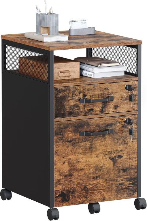 VASAGLE File Cabinet, Mobile Filing Cabinet on Wheels, for Home Office, 2 Lockable Drawers, for A4, Letter-Size Hanging File Folders, Open Shelf, Steel Frame, Rustic Brown and Ink Black UOFC077B01