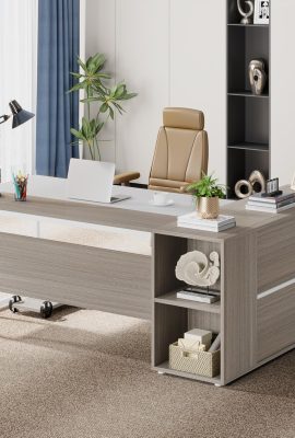 Tribesigns 71 inch Executive Desk, L Shaped Desk with Cabinet Storage, Executive Office Desk with Shelves, Business Furniture Set Workstation for Home Office, Gray and White