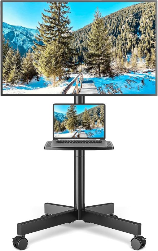 Rfiver Strong Rolling TV Stand with Shelf for 23-65 inch TVs up to 88lbs, Portable Mobile TV Cart with Silent Wheel, Tilt & Height Adjustable Universal Corner TV Stand for Bedroom, Living Room, Office