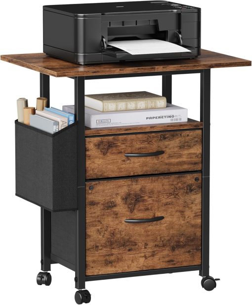 2 Drawer File Cabinet with 24” Extended Desktop, Mobile Filing Cabinet, Rolling File Cabinet with Side Bag, Fabric Drawer, Fits A4/Letter Size, Printer Stand Home Office, Light Brown
