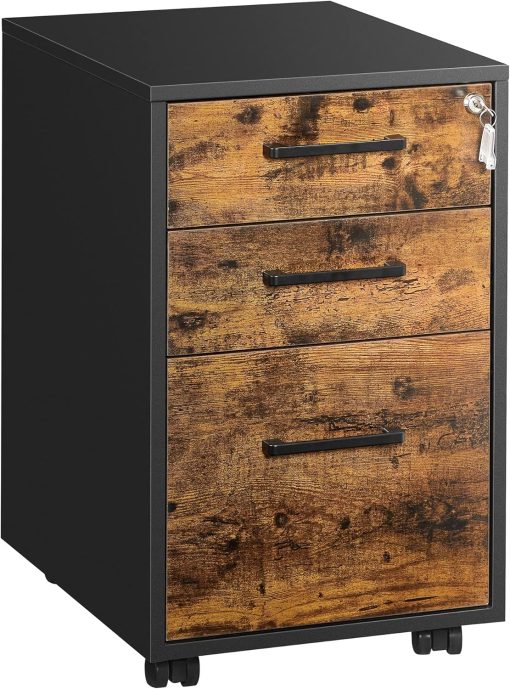 SONGMICS File Cabinet, Pre-Assembled Except Wheels and Handles, Office Filing Cabinet with Lock, for A4, Legal, Letter Sized Documents, 17.7 x 14.4 x 23.6 Inches, Rustic Brown and Black UOFC110B01V1