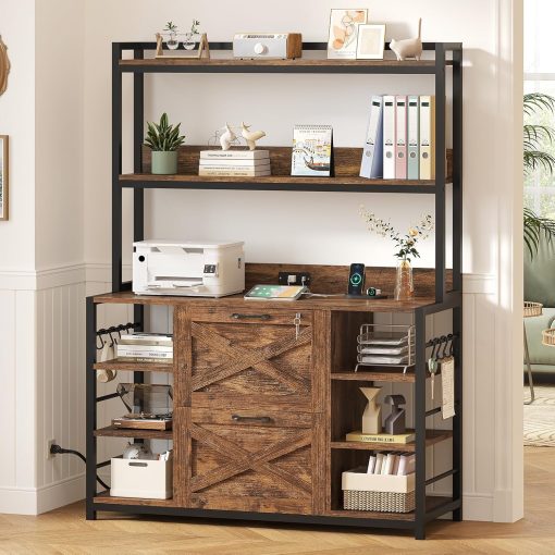 SEDETA File Cabinet, Filing Cabinet fits Legal/Letter/A4 Size, 2 Drawer Filing Cabinets for Home Office with Lock, Power Strip and Open Storage Shelves, Rustic Brown