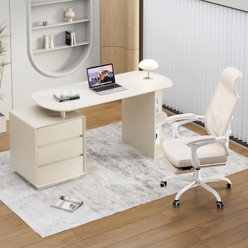 Qulomvs Home Office Desk and Chair Set, Home Office Furniture Sets, Computer Desk with Drawers & Shelves, Ergonomic Office Chair with Footrest Mesh Home Office Desk Chair