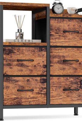 Furnulem 5 Drawer Rustic Brown Dressers for Bedroom 2 Tier Shelf Storage Small Fabric Dresser for Closet Sturdy Metal Frame Modern Style Storage Cabinets Organization Units for Hallway Rooms