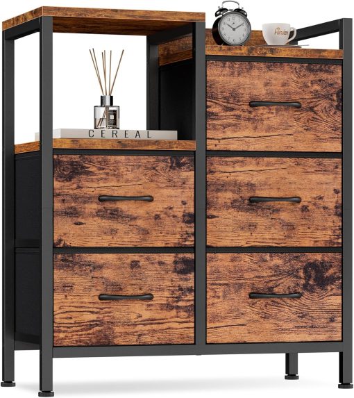 Furnulem 5 Drawer Rustic Brown Dressers for Bedroom 2 Tier Shelf Storage Small Fabric Dresser for Closet Sturdy Metal Frame Modern Style Storage Cabinets Organization Units for Hallway Rooms