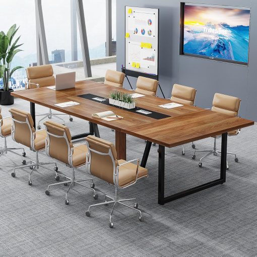 Tribesigns 8FT Conference Table, 94.49 L x 47.24 W x 29.53 H Inches Large Meeting Table/Podcast Table for 10 People, Business Style Wooden Training Table with Strong Metal Frame for Office Conference