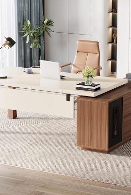 Tribesigns 78.7-Inch Executive Desk, L-Shaped Desk with Cabinet, Large Office Desk with Storage Shelves, Writing Table Business Furniture Set for Home Office, Cream White Walnut