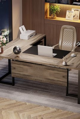 Tribesigns 70.8″ L-Shaped Executive Desk with Drawer Cabinet, Large Executive Office Desk with Separate File Cabinet, Home Office Desk Workstation Business Furniture Set, Retro Gray