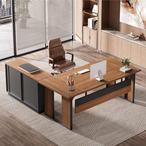Tribesigns 63-Inch Executive Desk, L-Shaped Office Table with 47-Inch File Cabinet, Large Computer Desk with Storage Drawers and Shelves, Wood Business Furniture Set for Home Office, Brown and Black