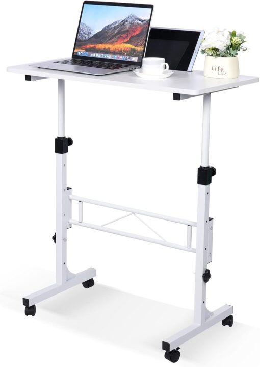 KLSMYHOKI Standing Desk Adjustable Height, Mobile Stand Up Desk with Wheels Small Computer Desk Rolling Desk, Portable Laptop Desk White Standing Table Home Office Desks 16″x31.5″ Height 27″-43.5″