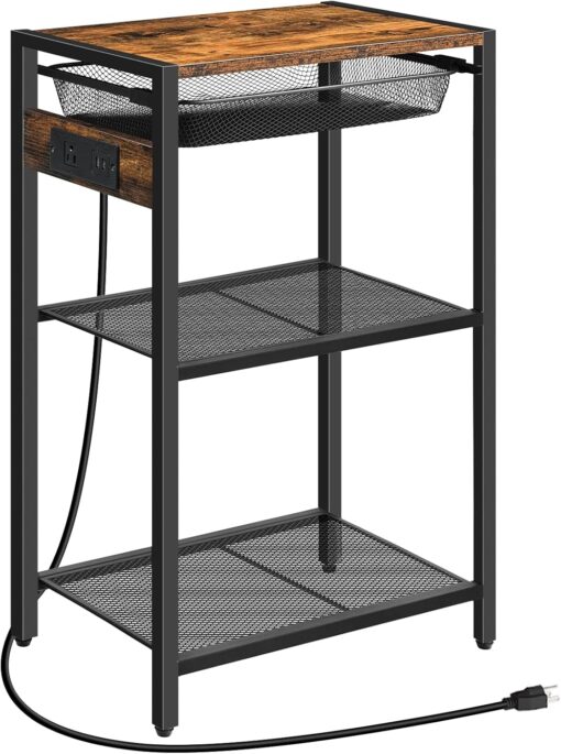 HOOBRO Tall End Table with Charging Station, Industrial Telephone Table with Adjustable Metal Storage Basket, Tall Nightstand for Living Room, Bedroom, Office, Rustic Brown BF06UDH01