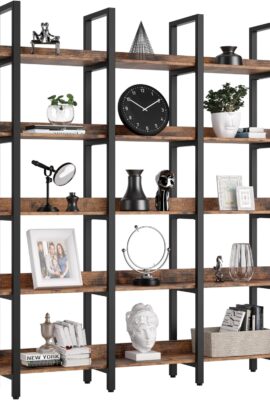 IRONCK Bookcase and Bookshelves Triple Wide 5 Tiers Large Open Shelves, Etagere Book Shelf with Back Fence for Home Office Decor, Easy Assembly, Vintage Brown