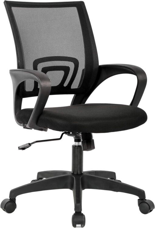 BestOffice | Ergonomic Office Chair | Mid-Back Swivel Desk Chair | Breathable Backrest & Lumbar Support | Adjustable Height | Sponge Seat | Rolling Wheels | Black | for Adults & Women