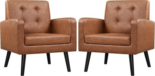 Yaheetech Mid-Century Accent Chairs, PU Leather Modern Upholstered Living Room Chair, Cozy Armchair Button Tufted Back and Wood Legs for Bedroom/Office/Cafe, Retro Brown 2 PCS