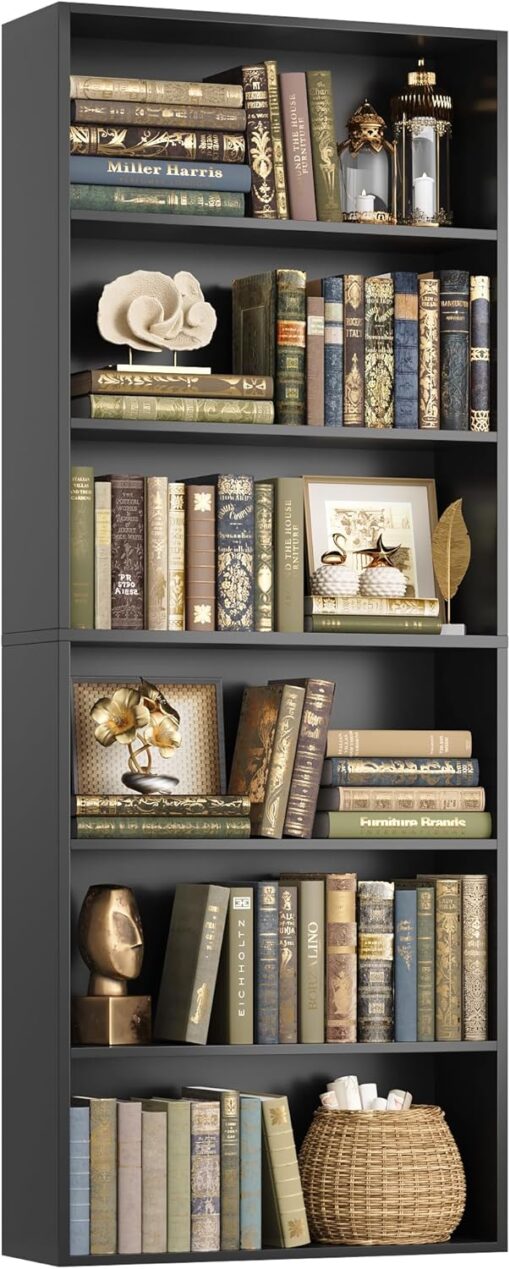 FOTOSOK 6-Tier Open Bookcase and Bookshelf, Freestanding Display Storage Shelves Tall Bookcase for Bedroom, Living Room and Office, Black
